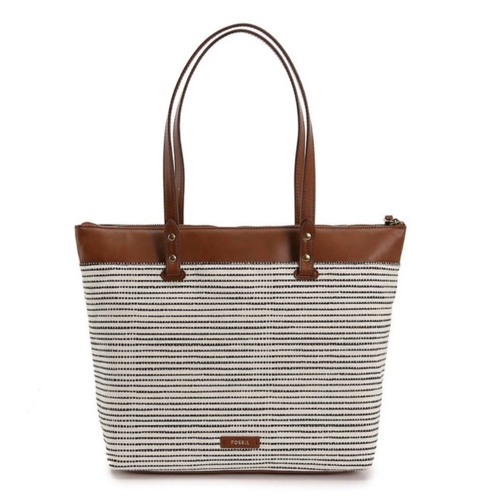 Fossil Ana Striped Canvas Leather Tote Bag Brown Tan Work Travel Beach Shopper
